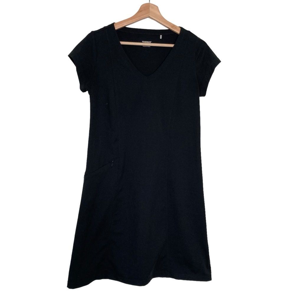 Toad & Co Dress Womens Small Black Pullover Side Pocket V Neck Cap Sleeve